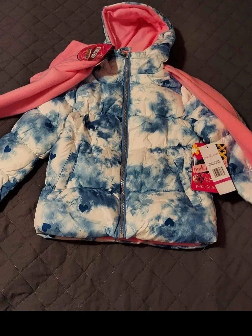 Pink Platinum Blue & White Tie-Dye Heart Puffer Jacket with Pink Scarf